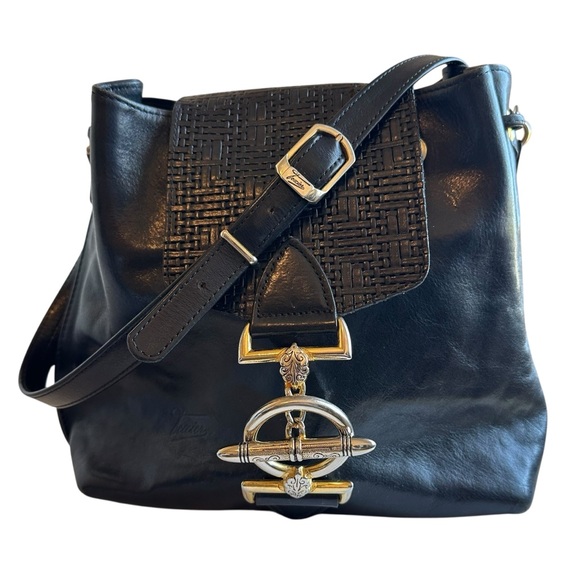 TEXIER Paris Vintage Black Leather Boho Woven Flap Over Crossbody Bucket Bag - Picture 1 of 16